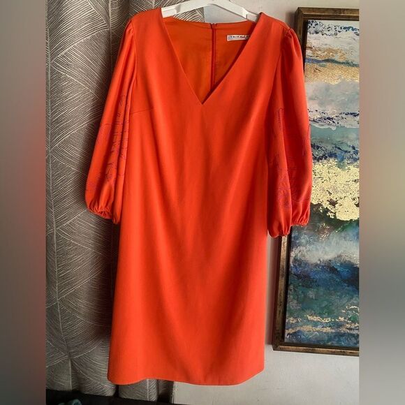 Trina Turk womens Mini Dress Orange 3/4 Balloon Sleeve Embroidered V Neck Small - Picture 1 of 13